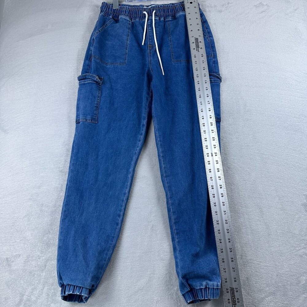 Wax Jean Denim Jogger Pants Womens Size Large Drawstring Waist High Rise Blue - Picture 11 of 12